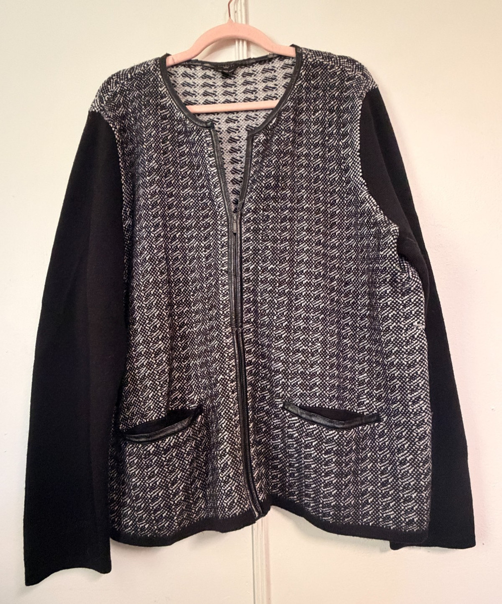 Talbots 2X Pure Italian Merino Wool Cardigan Jacket Black White Houndstooth FLAW